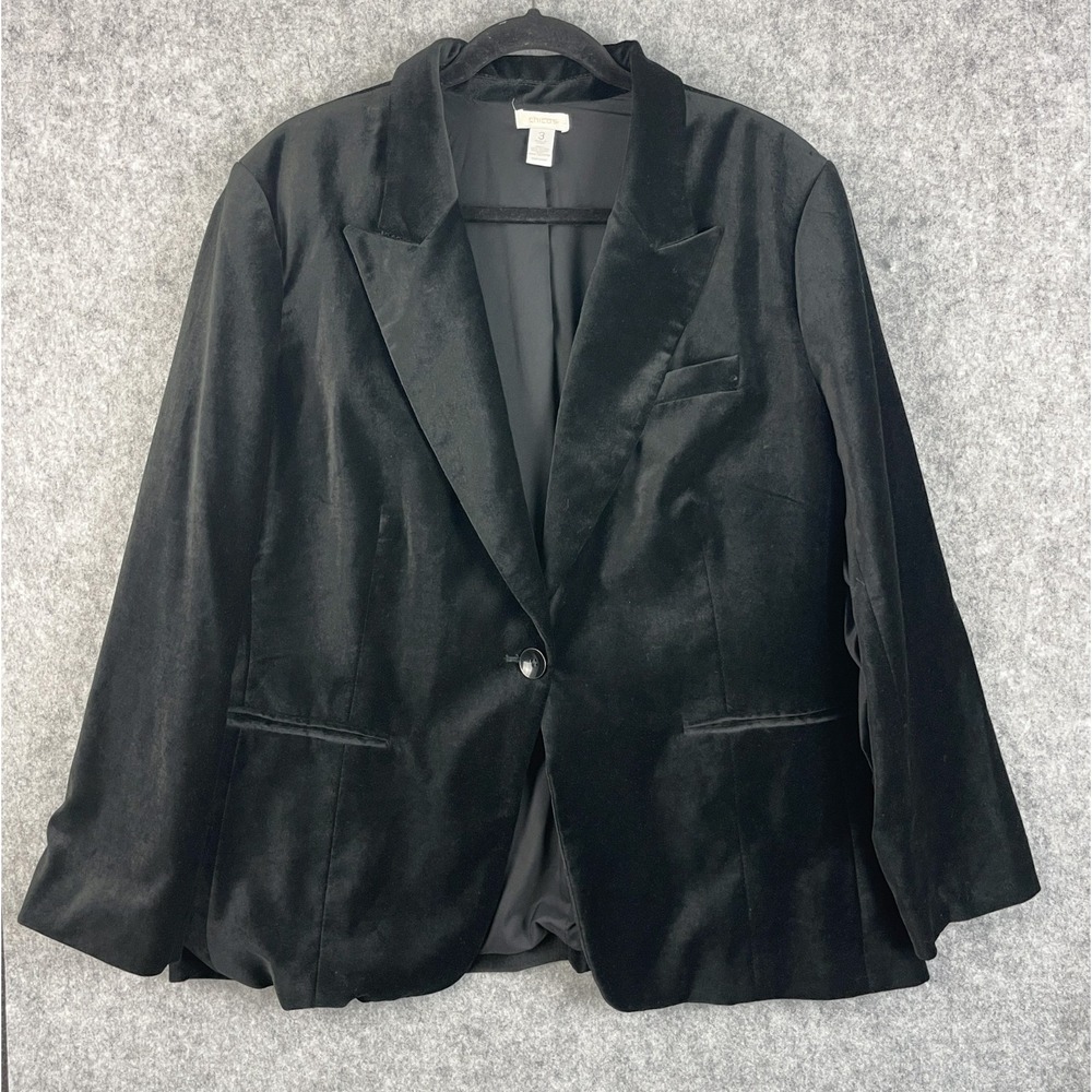 Chicos Velvet Blazer Jacket Womens 3 XL 16/18 Black One Button Classic Career